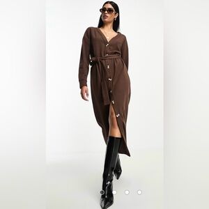 NEW ASOS DESIGN super soft button up maxi cardigan belted dress chocolate brown